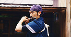 Japanese man, flute and music for history, artist performance and zen sound for Shinto meditation. Sensei person, bamboo and fue instrument for practice, culture and spiritual heritage with Ryeteki