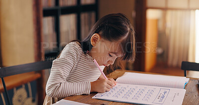 Buy stock photo Asian girl, writing and learning with book for mathematics, education or problem solving homework. Japan, child or kid with notes or numbers for addition, subtraction or childhood development at home