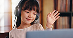 Elearning, video call and child with laptop, greeting and education for girl, headphones or listening. Home, happy and online class for kid, studying and scholarship for youth, communication or Japan