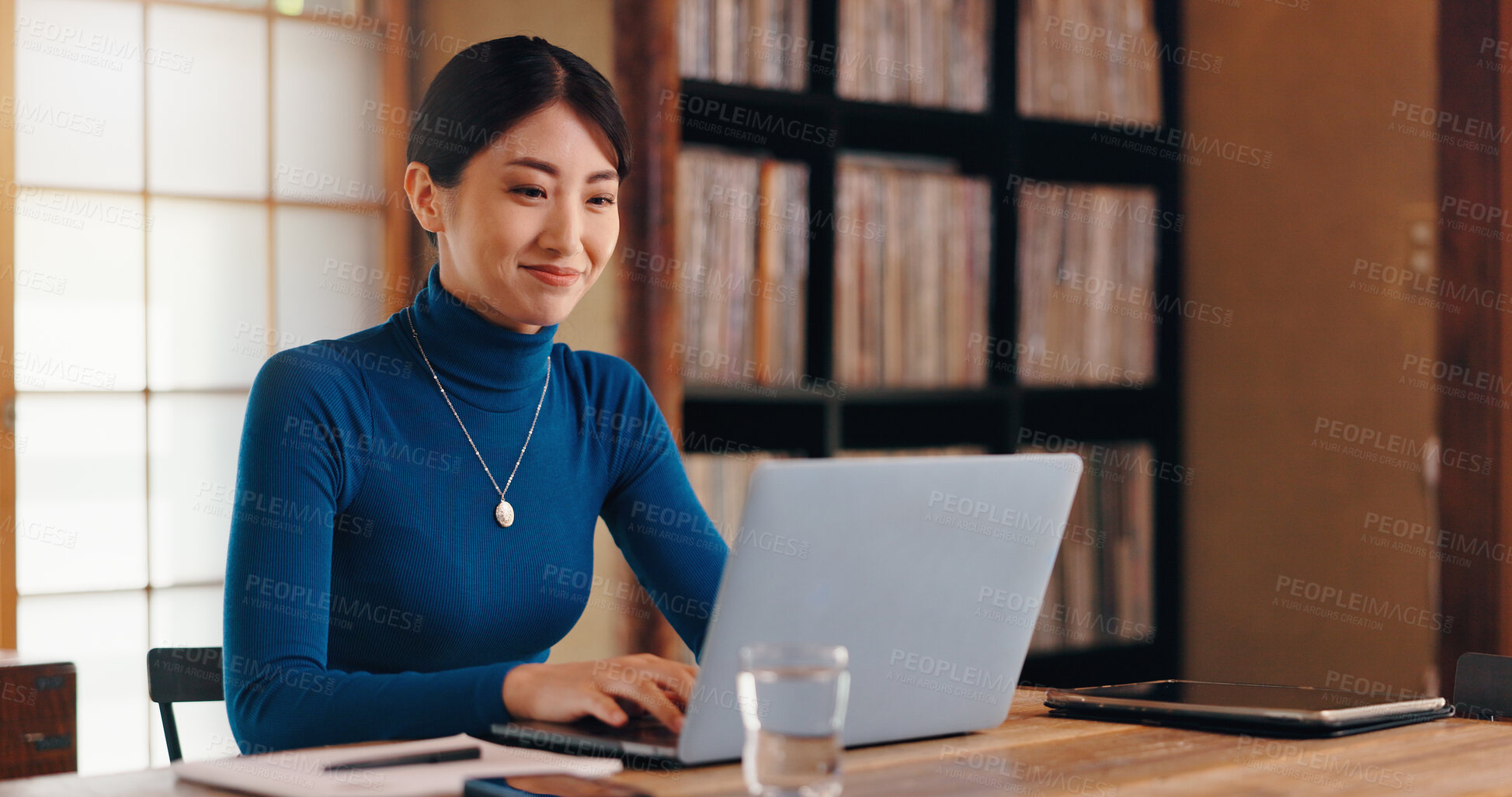 Buy stock photo Laptop, author or creative Asian woman in home office for remote work, research or website. Report, female writer or freelancer editing article online for campaign, blog or publishing review in Japan