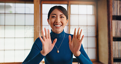 Buy stock photo Japan, house and woman with video call, portrait and greeting with hello, waving and happiness. Asian girl, apartment or person in lounge, smile or communication with linguist, pov or virtual meeting