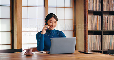 Buy stock photo Phone call, online and Asian woman with laptop, home office and communication with client and copy editor. House, freelancer and discussion with contact for proofreading, creative and smile in Japan