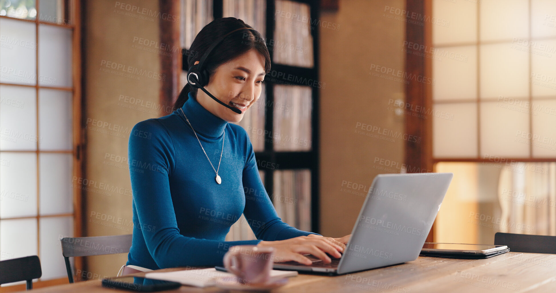 Buy stock photo Customer service, laptop or Asian woman in call center or home office for international technical support. Typing, translator and agent in online consultation for multilingual translation in Japan