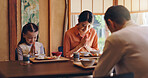 Japanese family, pray or food with dinner tradition for faith, gratitude or thanks giving together at home. Mother, father and daughter with thankful culture for meal, snack or eating at dining table