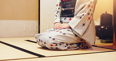 Buy stock photo Kimono, sitting and woman in tea room with traditional fashion, Asian culture and respect on bamboo mat. Hospitality, service and girl on tatami floor with Japanese clothes, ceremony and mindfulness