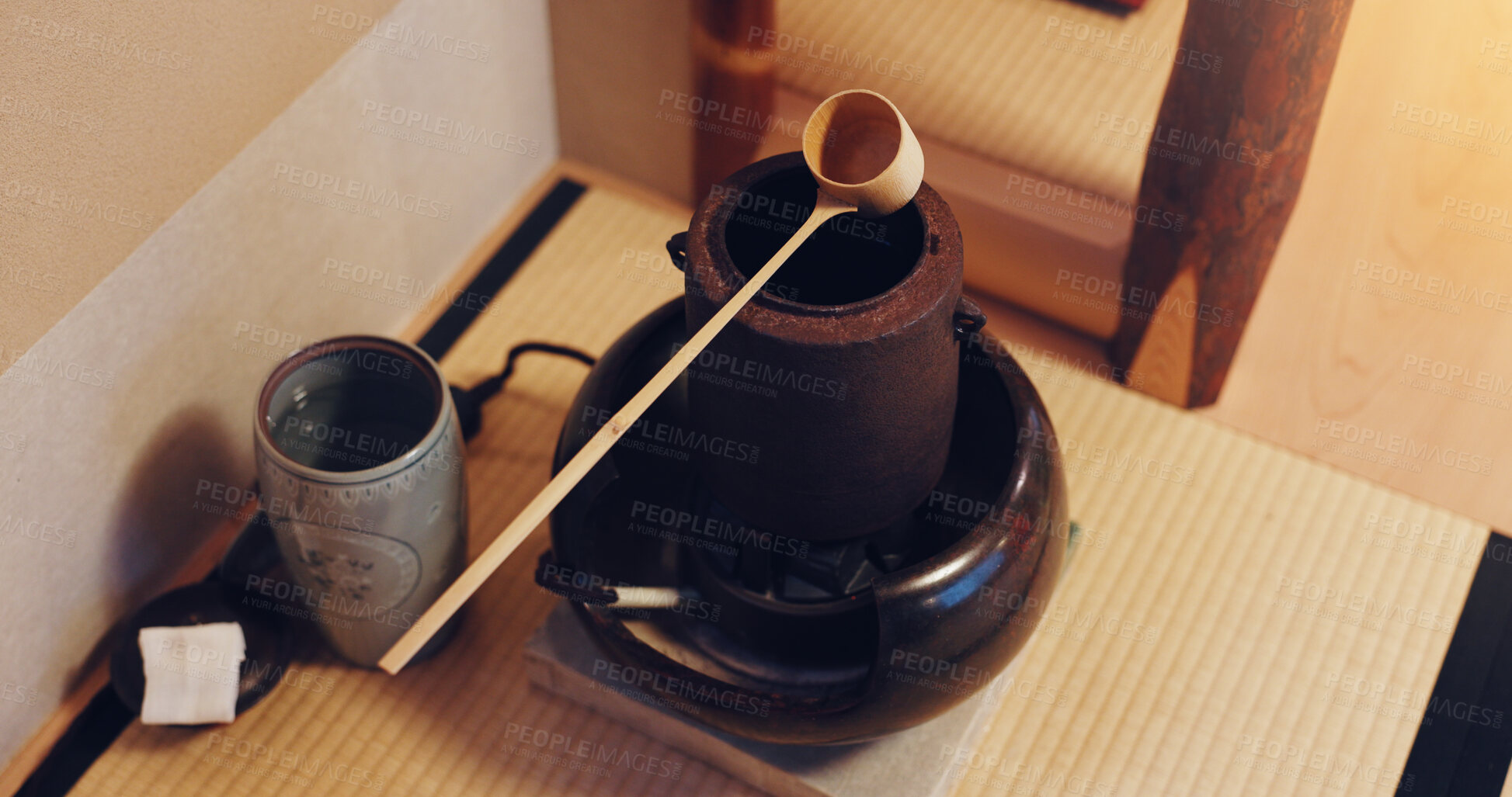 Buy stock photo Pot, Japanese and tea ceremony for culture, heritage and respect with traditional beverage. Utensils, matcha and organic for healthy drink, preparation and hospitality as practice or welcome in home