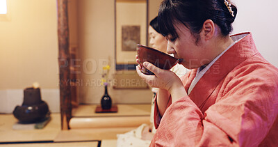 Buy stock photo Woman, guest and drink with bowl, chawan and traditional kimono for tea ceremony. Japanese ritual, spirituality and mindfulness with cultural outfit for herbal matcha, respect and home hospitality