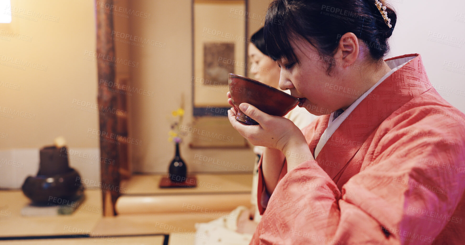 Buy stock photo Woman, guest and drink with bowl, chawan and traditional kimono for tea ceremony. Japanese ritual, spirituality and mindfulness with cultural outfit for herbal matcha, respect and home hospitality