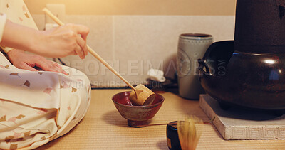 Buy stock photo Hands, japanese tea ceremony and matcha preparation for healthy drink, cultural hospitality and heritage. Traditional ritual, person and green powder for herbal beverage process and custom practice