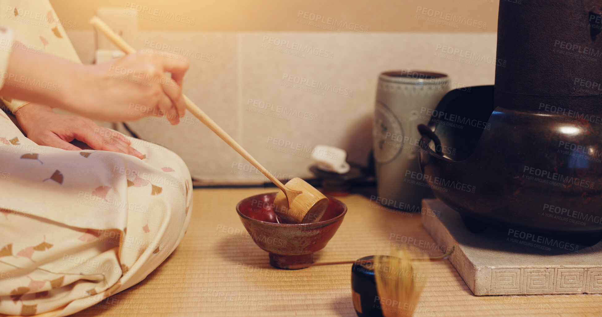 Buy stock photo Hands, japanese tea ceremony and matcha preparation for healthy drink, cultural hospitality and heritage. Traditional ritual, person and green powder for herbal beverage process and custom practice