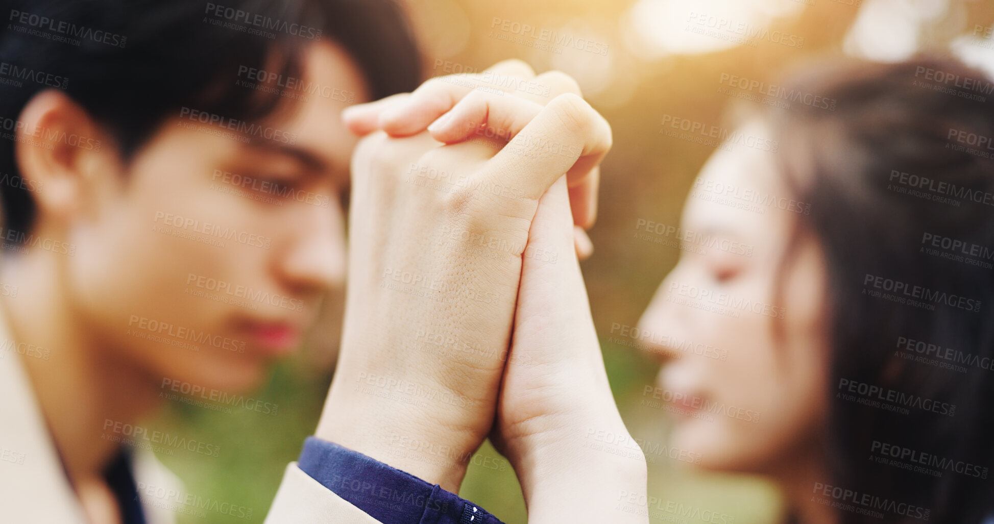 Buy stock photo Love, trust and holding hands with Japanese couple in park for romance, bonding and relationship. Support, care and happiness with man and woman in Japan nature for date, commitment and peace