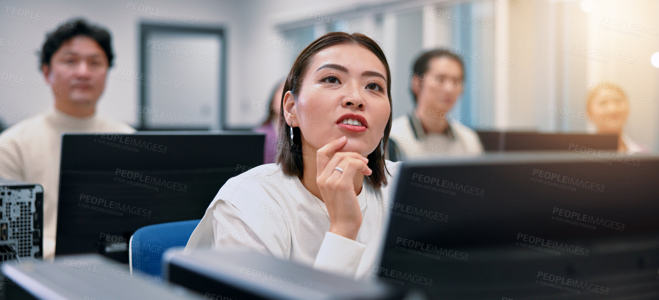 Buy stock photo Japanese woman, business and computer with thinking, connection and communication as stocks trader. People, coworking and technology for investment portfolio, economy or ideas as financial consultant