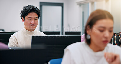 Buy stock photo Japanese man, business and computer with trading, connection and communication for stock market. People, coworking and tech for investment portfolio, economy or job as financial consultant in company