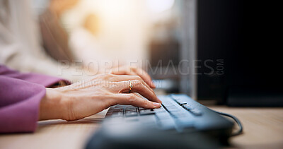 Buy stock photo Hands, keyboard and computer with office, communication or connection in website support. Person, coworking and tech for troubleshooting, online database or email as cybersecurity consultant in Japan