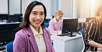 Portrait, woman and business people with computer, smile and connection with tech. Japan, employees and group with consultant, career ambition and internet with website information in modern office