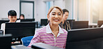 Portrait, woman and business people with computer, internet and smile with connection. Japan, employees and group with consultant, tech or email with website information, happiness or career ambition