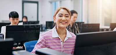 Buy stock photo Portrait, woman and business people with computer, internet and smile with connection. Japan, employees and group with consultant, tech or email with website information, happiness or career ambition