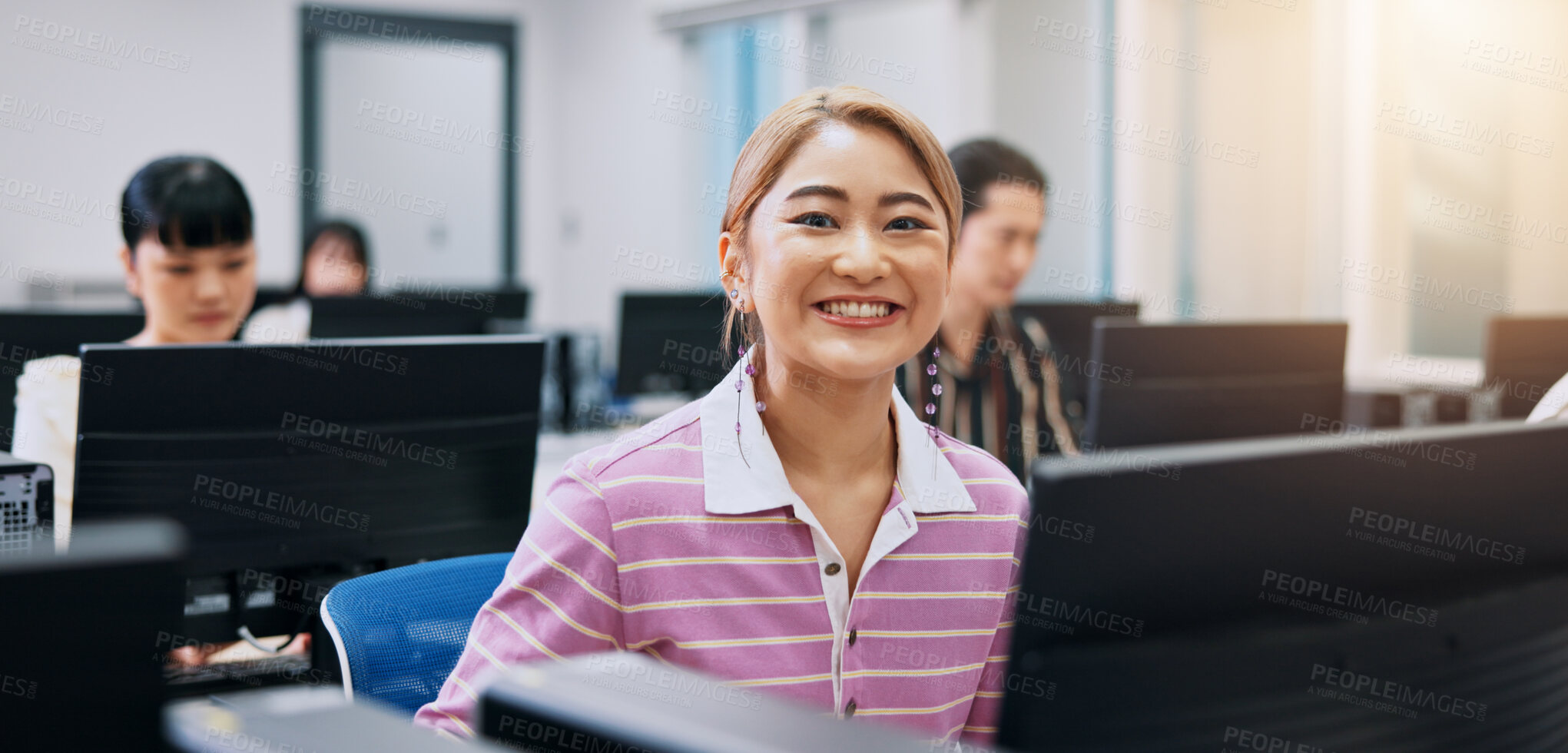 Buy stock photo Portrait, woman and business people with computer, internet and smile with connection. Japan, employees and group with consultant, tech or email with website information, happiness or career ambition