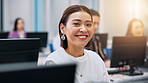 Portrait, woman and business people in office, computer and smile with connection. Japan, employees and group with consultant, technology and internet with website information and career ambition