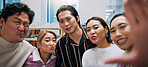 Business, people and selfie with portrait in office for team building memory, collaboration and social media post. Professional, japanese employees and photography with funny face and support at work