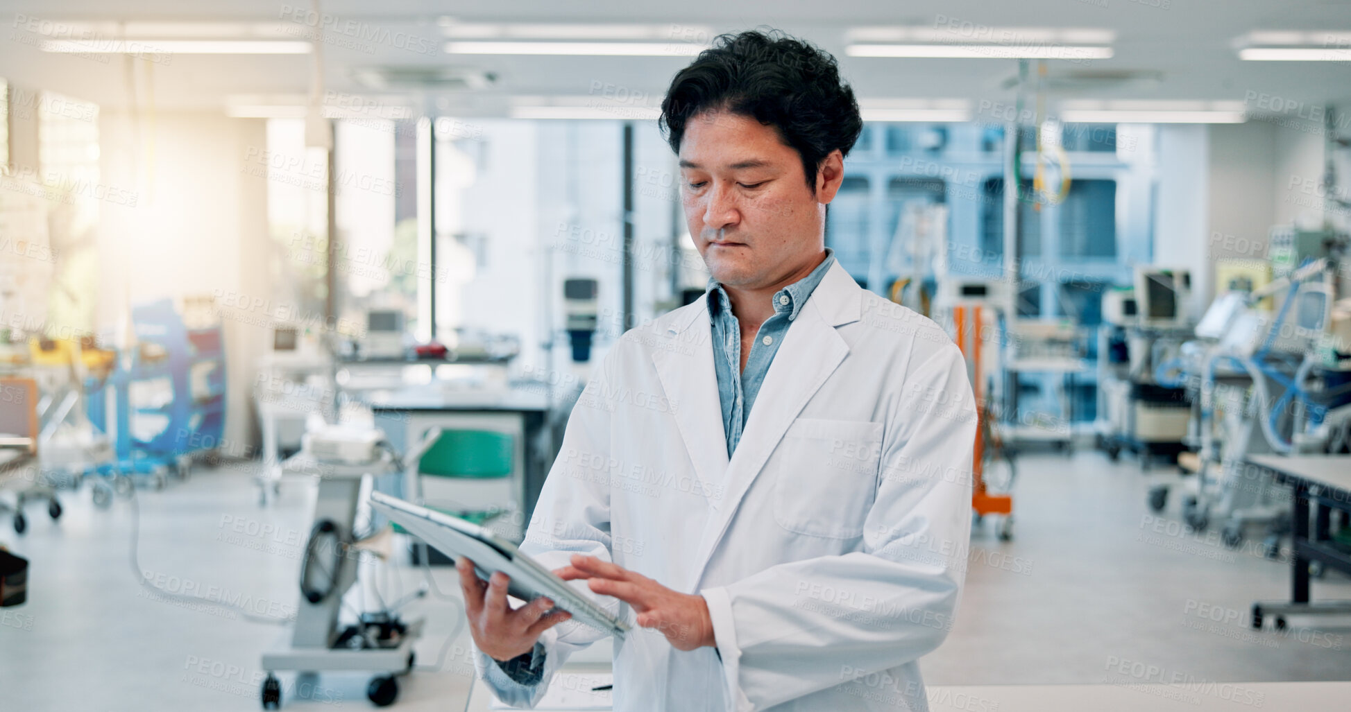 Buy stock photo Man, scientist and serious on tablet at laboratory for medical research, investigation or results on vaccine tests in Japan. Male person, healthcare professional and innovation for drug trial results