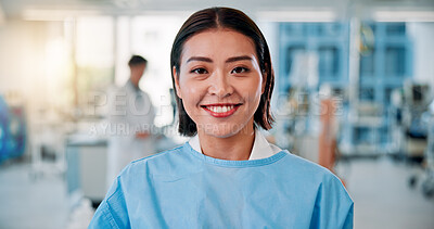 Buy stock photo Woman, scientist and happy at laboratory on portrait for medical research and investigation in Japan. Female person, healthcare professional and smile or proud in confidence for vaccine trial