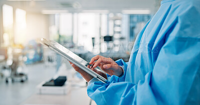 Buy stock photo Healthcare, scrubs and tablet with hands of nurse in hospital for diagnosis, research or telehealth. Internet, medical and technology with medicine professional person closeup at clinic in Japan