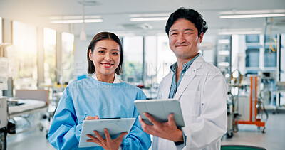 Buy stock photo People, scientist and smile with tablet or clipboard at laboratory on meeting for medical research and results. Employees, portrait and collaboration with drug trial and vaccine report in Japan