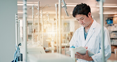 Buy stock photo Clipboard, checklist and medical research with man in laboratory for science study or future innovation. Healthcare, vaccine report and test with Japanese person for inventory, notes and results