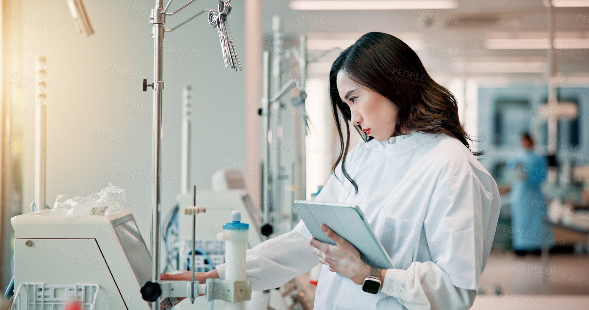 Buy stock photo Healthcare, tablet and science with Japanese woman in laboratory for equipment, research study and medical. Stem cell innovation, biotechnology and solution with person in clinic for test results