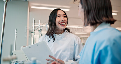 Buy stock photo Clipboard, education and smile of doctor with student in hospital for internship or learning. Documents, feedback or teaching with happy mentor woman and Japanese medical student in healthcare clinic