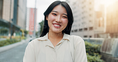 Buy stock photo Japanese woman, portrait and smile in city for sightseeing, walk and proud for travel. Female pedestrian, street and confidence in town for adventure, location or experience as tourist on holiday