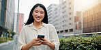 Cellphone, travel and portrait of woman in city for networking, communication or typing email on vacation. Phone, contact and Japanese female person reading online blog for holiday tips in town.