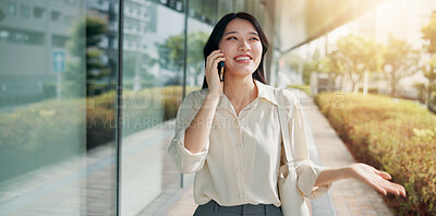 Buy stock photo Building, phone call and walking with business woman outdoor for communication or discussion. Commute, conversation and office with happy Japanese employee in urban town of Tokyo for networking