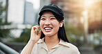 City, music and smile of business woman outdoor for commute or travel to work with earphones. Happy, radio and streaming with confident Japanese employee in urban town of Tokyo for job opportunity