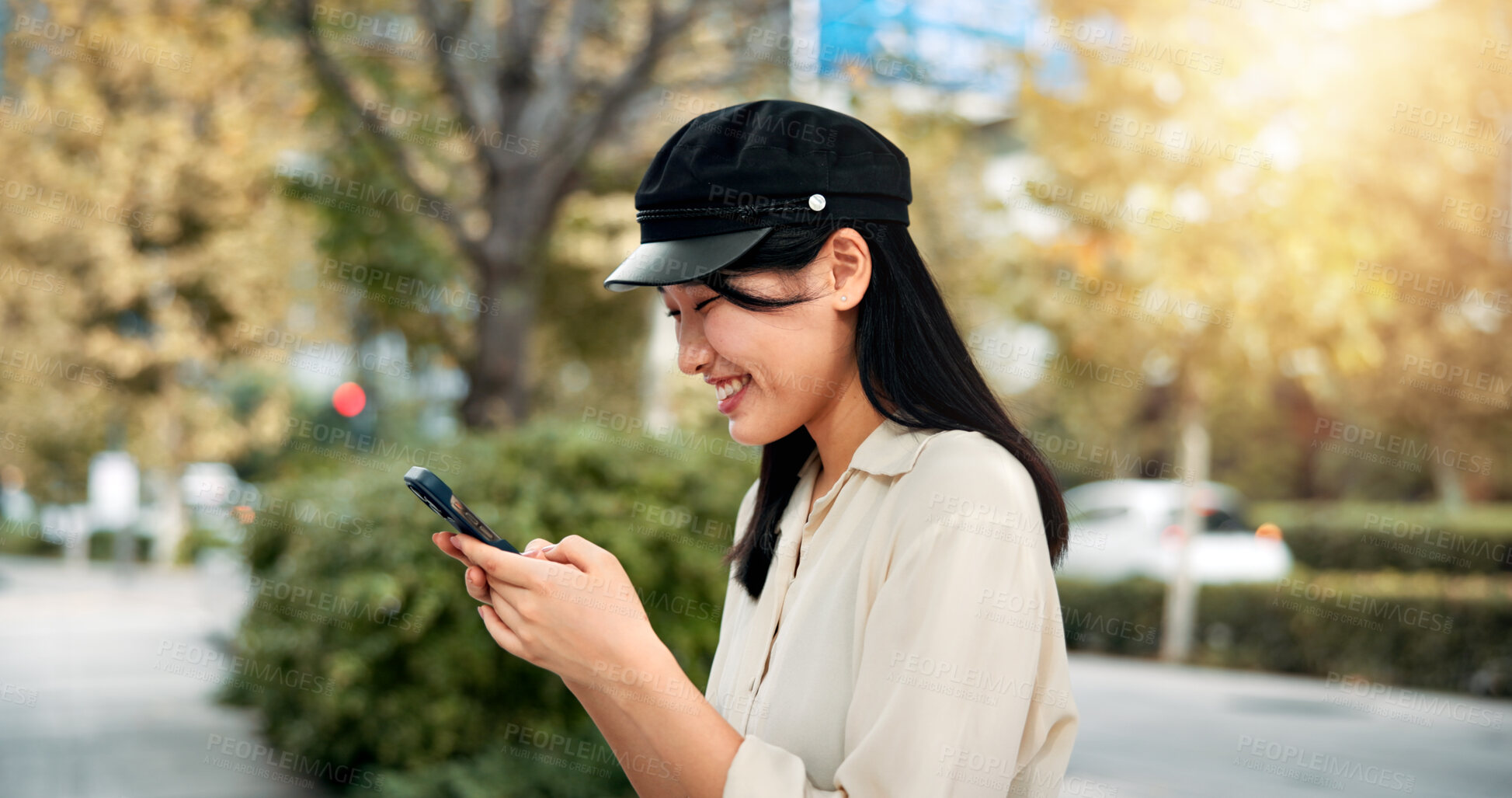 Buy stock photo Digital, excited and Asian woman with smartphone, email and happy with notification, reading and opportunity. Communication, typing and joy for internship, person and travel for work, chat and Japan