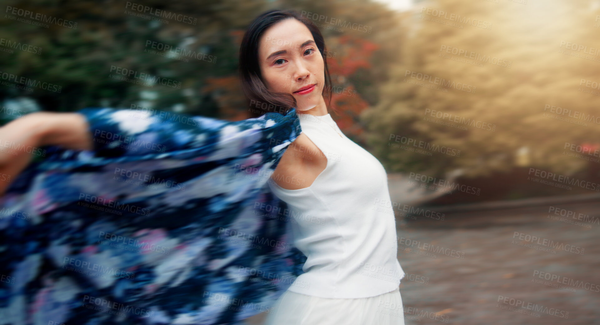 Buy stock photo Contemporary dance, portrait and woman outdoor with rhythm for self expression and creativity. Classical, art and Japanese person with interpretaive choreography in park for rehearsal or practice.