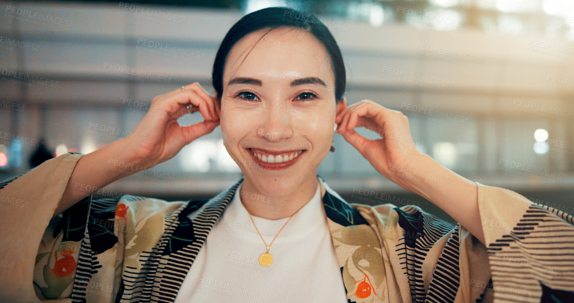 Buy stock photo Earphones, music and portrait of Asian woman in city for media, streaming subscription and radio in Japan. Happy, smile and face of person listening to audio, song and track at night in urban town