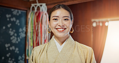 Buy stock photo Portrait, Japanese woman and kimono fashion for traditional ceremony, indigenous style and mindfulness. Smile, female person and cultural clothes with heritage, ancient robe and custom in Japan house