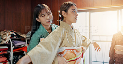 Buy stock photo Fashion, fitting or Japanese women with kimono, design or custom textile production in Japan. Customer, boutique or people with girl, creative robe or seamstress for tailoring of traditional clothes