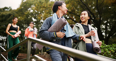 Buy stock photo Walking, yoga and girl friends in nature with conversation for health, wellness and balance in morning. Stairs, talking and group of Japanese women outdoor for pilates workout or exercise in park.