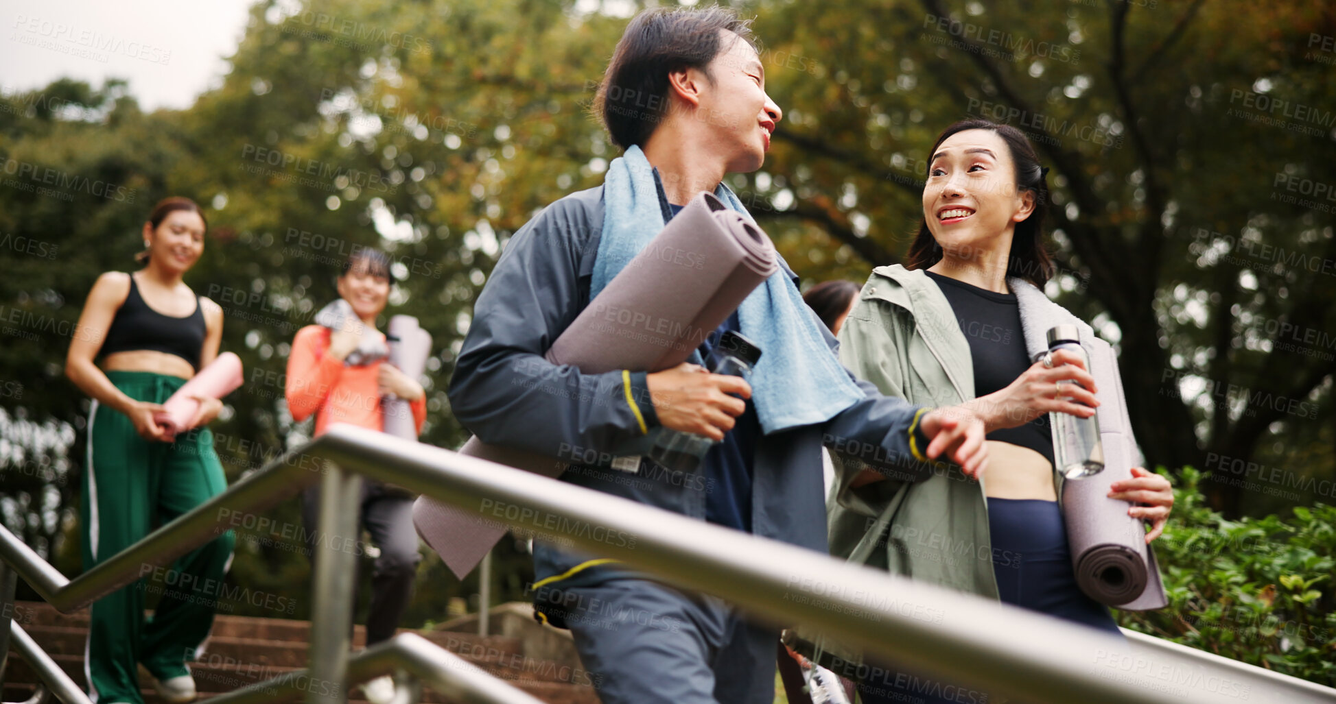 Buy stock photo Walking, yoga and girl friends in nature with conversation for health, wellness and balance in morning. Stairs, talking and group of Japanese women outdoor for pilates workout or exercise in park.