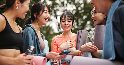 Buy stock photo Laugh, yoga and girl friends in nature with conversation for health, wellness and balance in morning. Happy, talking and group of Japanese women outdoor for pilates workout or exercise in park.