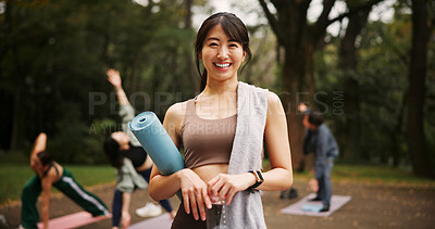 Buy stock photo Portrait, smile and Asian woman at yoga class outdoor for fitness, exercise and body wellness in Japan. Face, pilates coach and person in nature for holistic health, peace or calm with mat and bottle