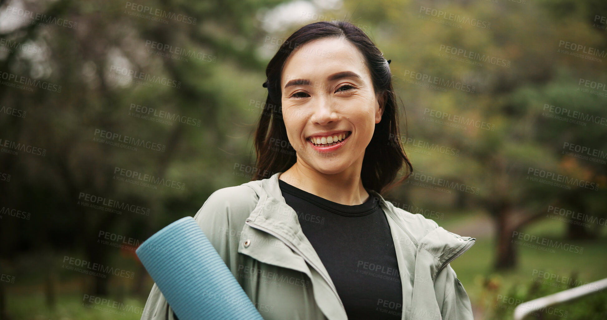 Buy stock photo Outdoor, woman and smile on portrait for yoga session with mat for health, self care and wellbeing in Japan. Female person, park and happy or satisfied in confidence for fitness, workout and exercise