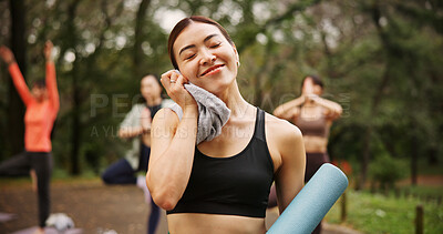 Buy stock photo Outdoor, woman and happy with eyes closed for yoga session with mat for health, self care and wellbeing in Japan. Female person, park and smile with towel for sweat for fitness, workout and exercise