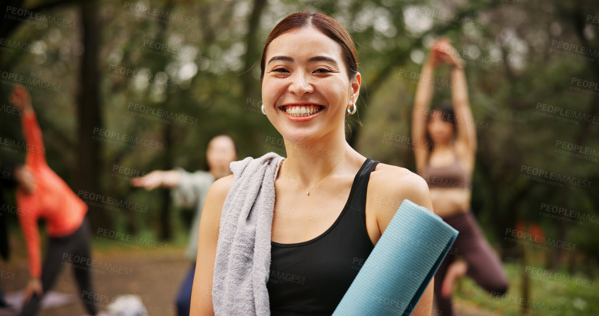 Buy stock photo Park, woman and happy on portrait for yoga session with mat for health, self care and wellbeing in Japan. Female person, outdoor and smile or satisfied in confidence for fitness, workout and exercise