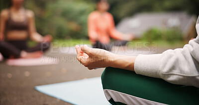 Buy stock photo People, outdoor hands and lotus at yoga class, meditation and support women for spiritual wellness. Forest, holistic healing and instructor for fitness in Japan, friends group and zen mindfulness