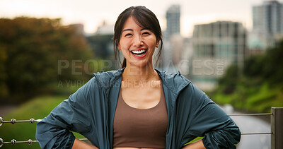 Buy stock photo City, fitness and portrait of woman laughing outdoor for cardio or marathon training routine. Bridge, exercise and smile of funny sports athlete or runner in Japan for challenge, health or wellness