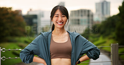 Buy stock photo City, fitness and portrait of Japanese woman outdoor for cardio or marathon training routine. Bridge, exercise and smile of happy sports athlete or runner in Japan for challenge, health or wellness